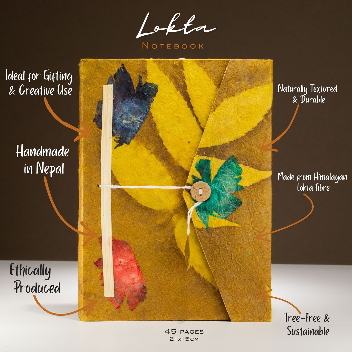 Lokta Bold Floral Notebook – Large – Includes Bookmark – Mustard Brown