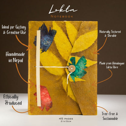 Lokta Bold Floral Notebook – Large – Includes Bookmark – Mustard Brown