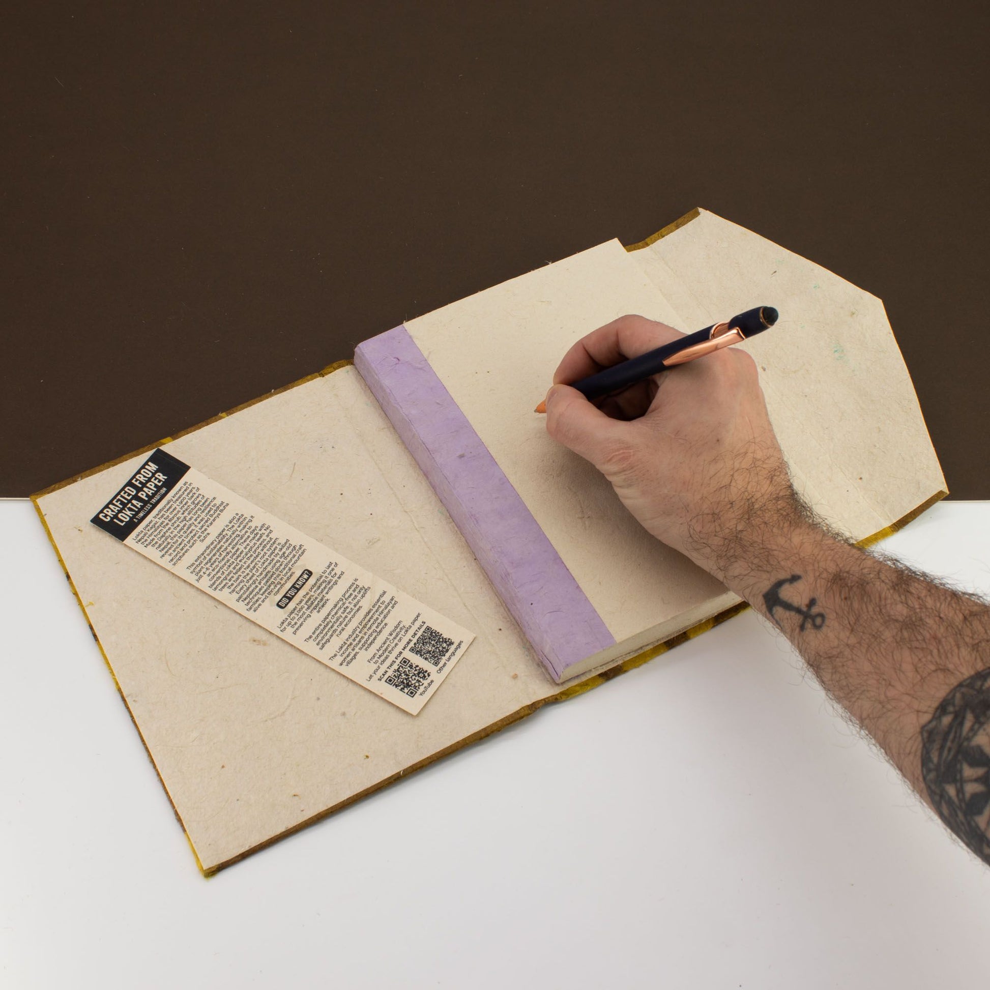 Lokta Bold Floral Notebook – Large – Includes Bookmark – Mustard Brown