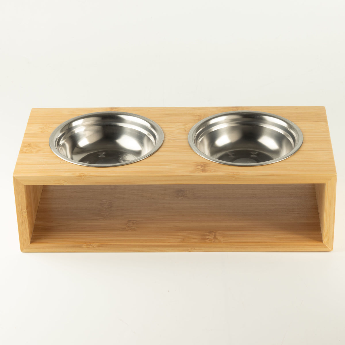 PAW Food Bowls - Large Double Stainless Steel (201) in Wooden Stand - 2x13cm