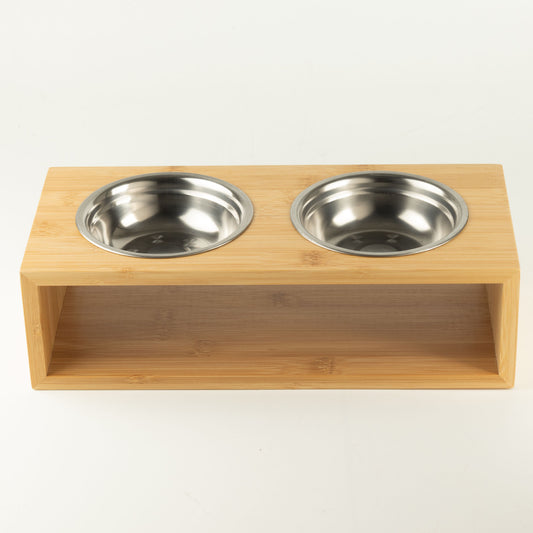 PAW Food Bowls - Large Double Stainless Steel (201) in Wooden Stand - 2x13cm