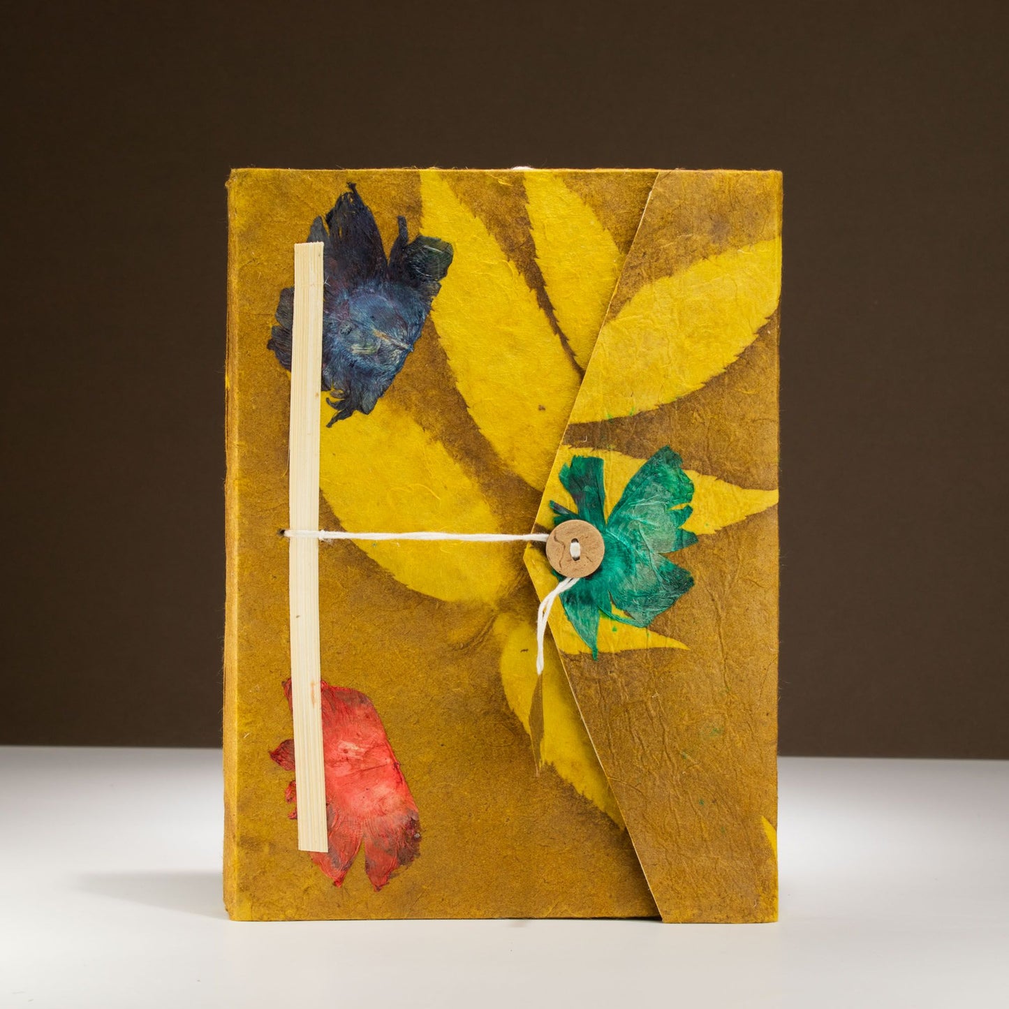 Lokta Bold Floral Notebook – Large – Includes Bookmark – Mustard Brown