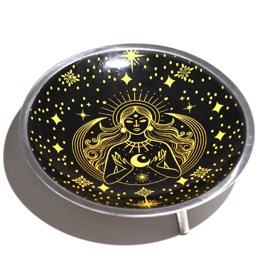 Triple Leg  Enamelled  Offering Plate - Gold Goddess on Black