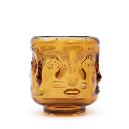 Pair of Buddha Faces Candle Holders - Antique Amber
