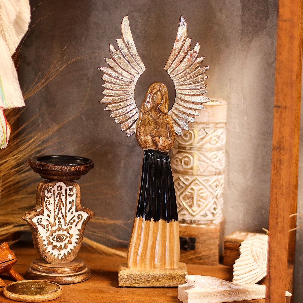 Large Mango Wood Gardian Angel Metal Wings & Enamel Detail (40cm)