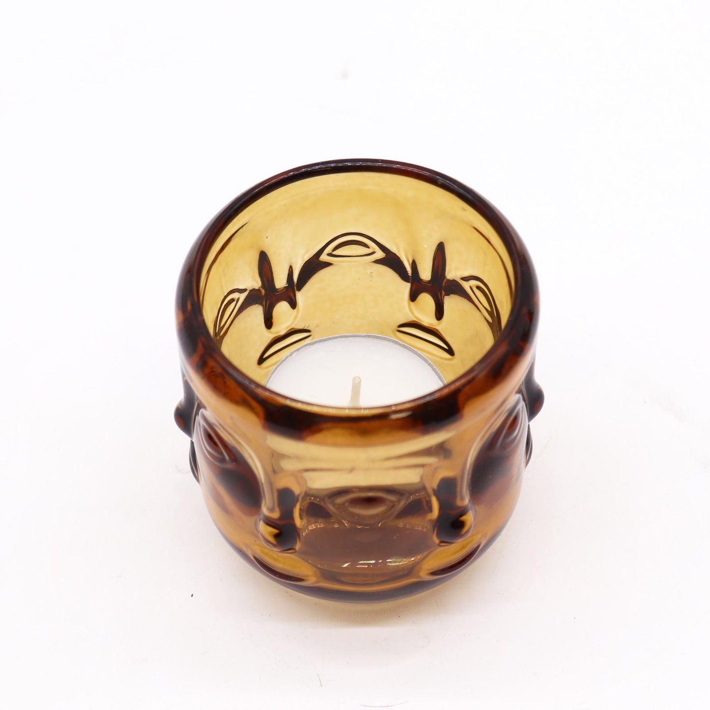 Pair of Buddha Faces Candle Holders - Antique Amber