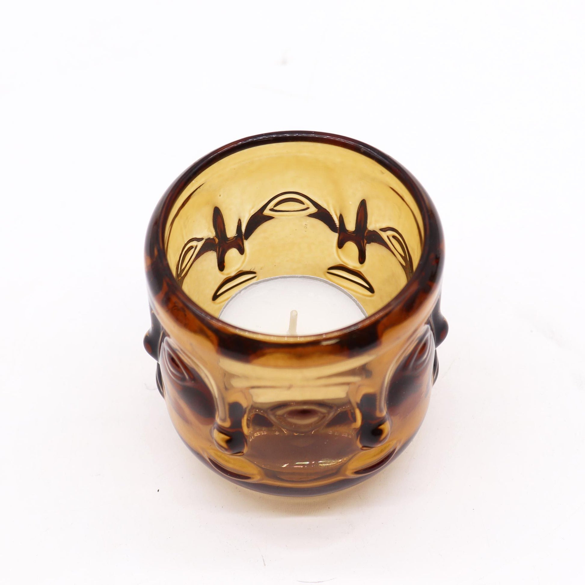 Pair of Buddha Faces Candle Holders - Antique Amber