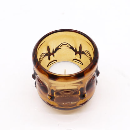 Pair of Buddha Faces Candle Holders - Antique Amber