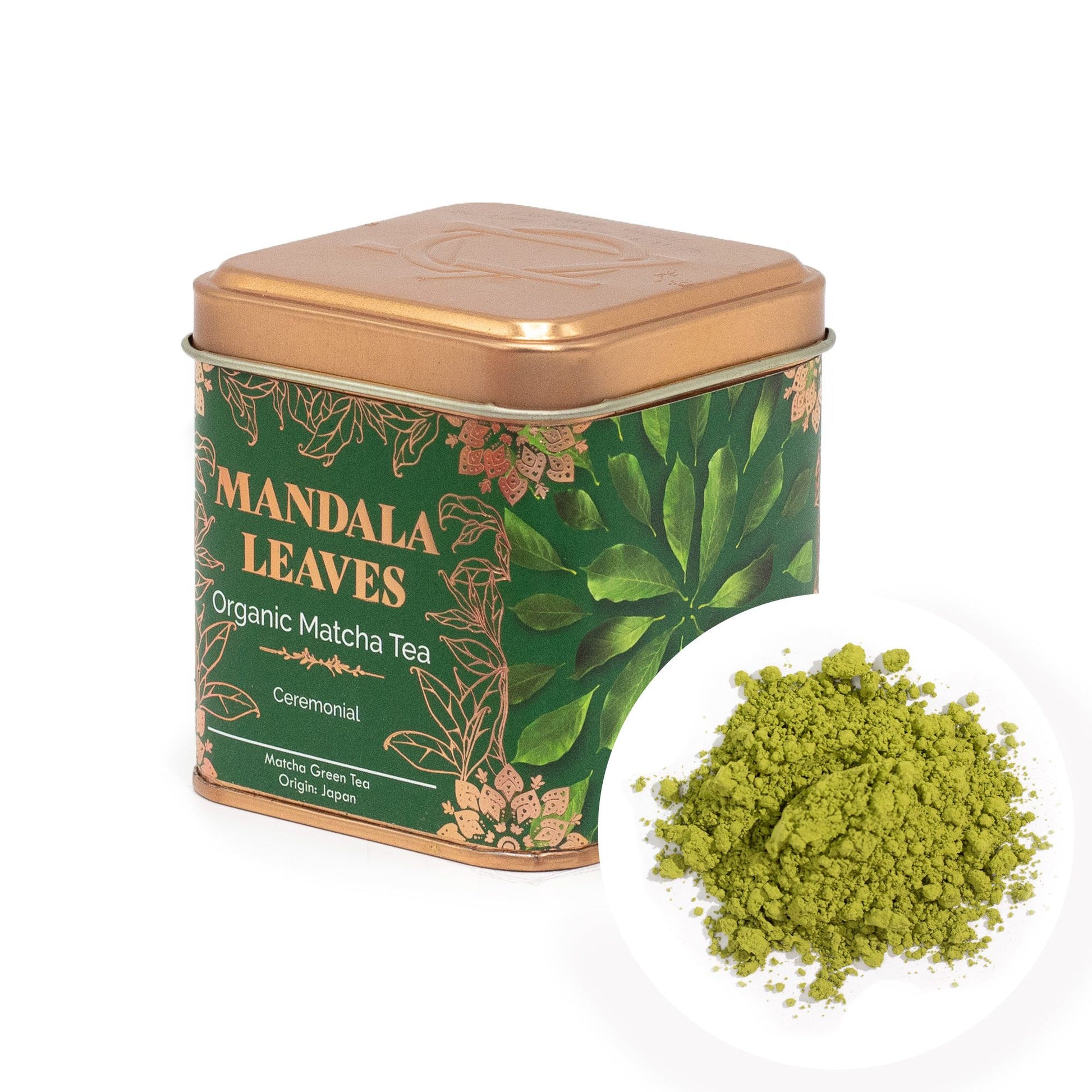 Mandala Leaves 50g ceremonial matcha tea in a green and gold tin with a pile of vibrant green matcha powder.