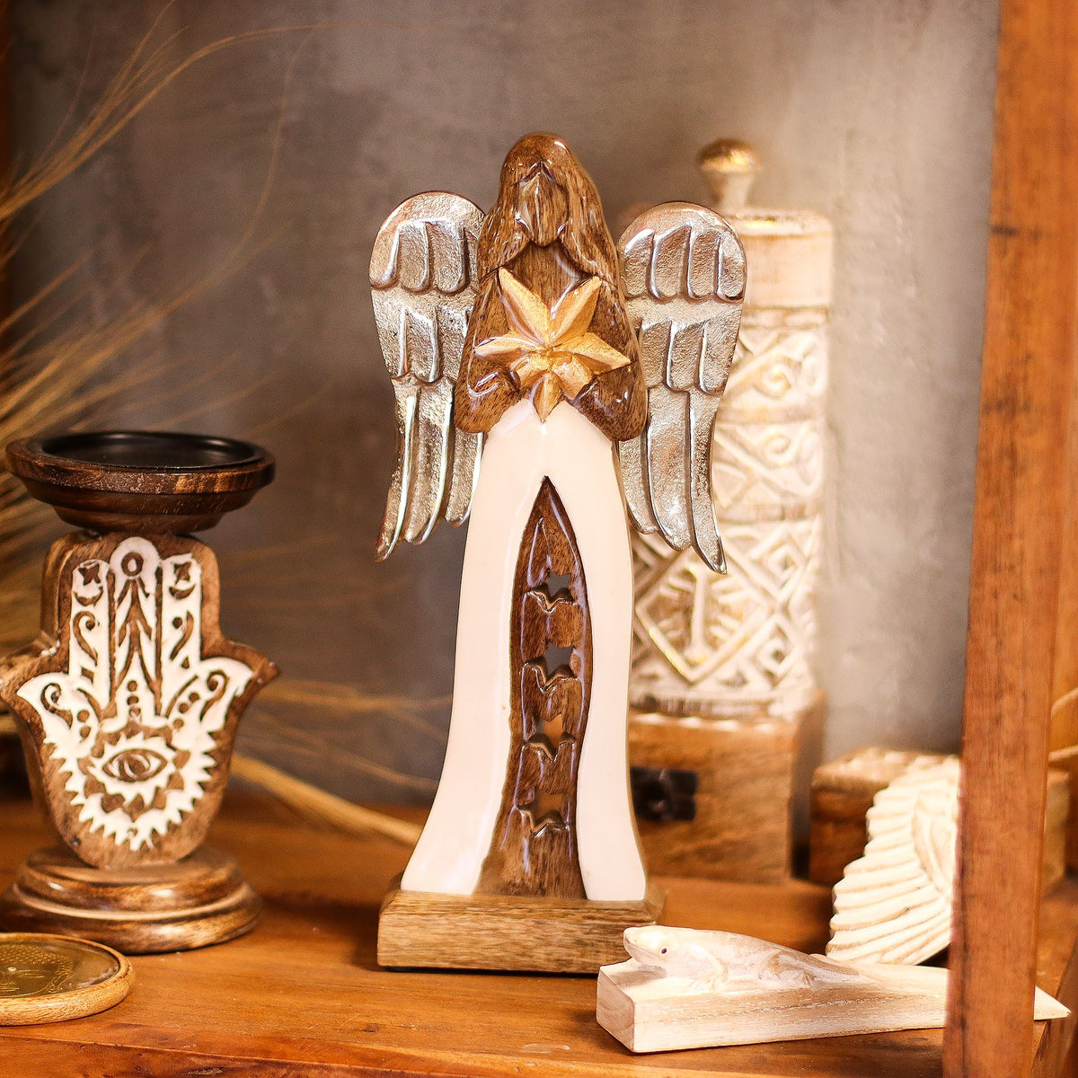 Large Mango Wood Star Angel Metal Wings & Enamel Detail (30cm)