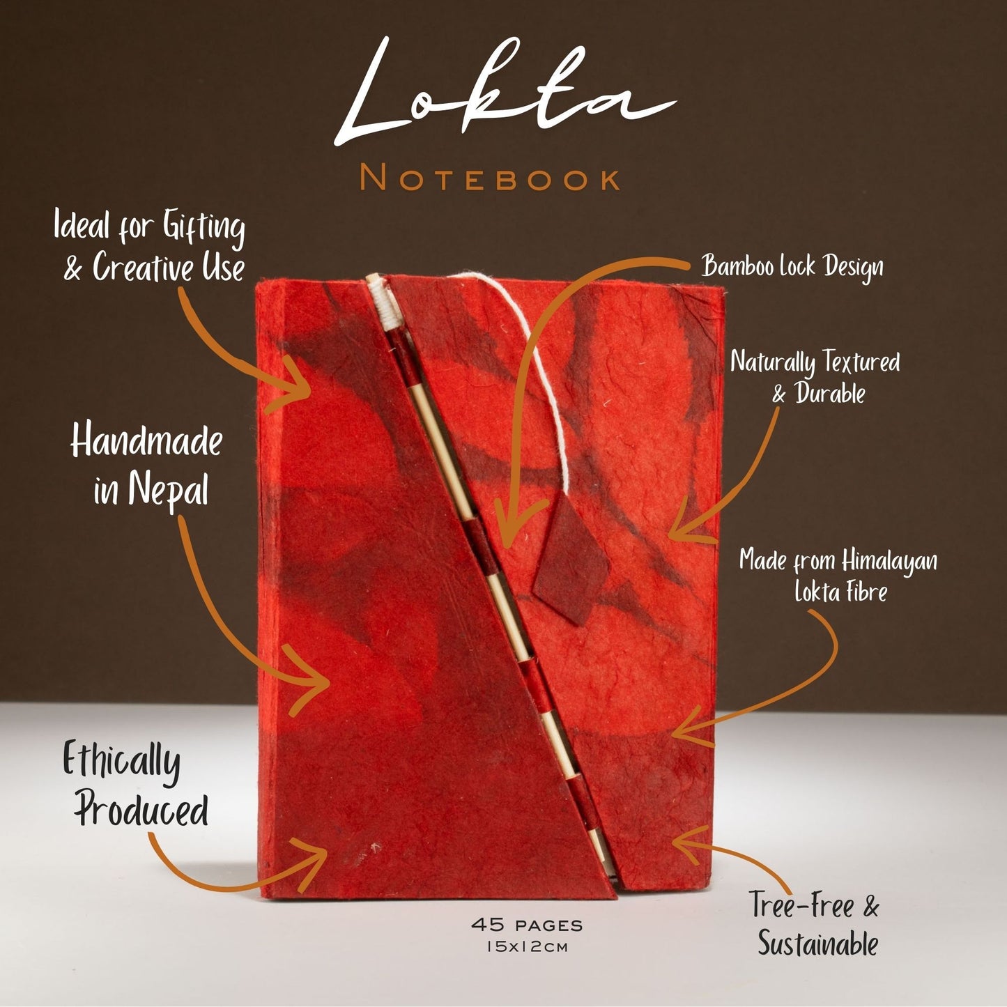Lokta Bold Floral Bamboo Lock Notebook – Medium – Ruby