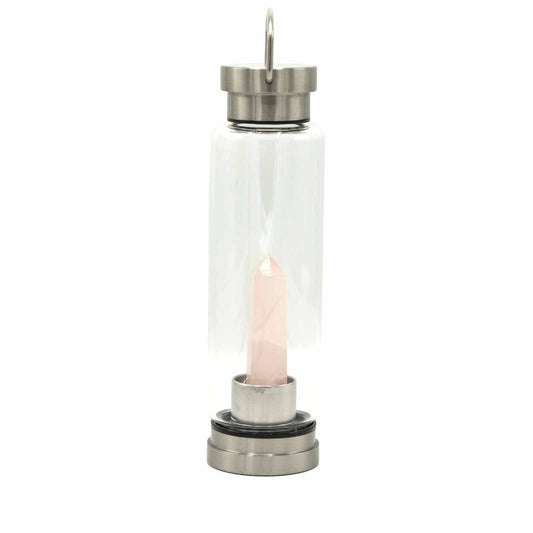Crystal Infused Glass Water Bottle - Rose Quartz - Obelisk