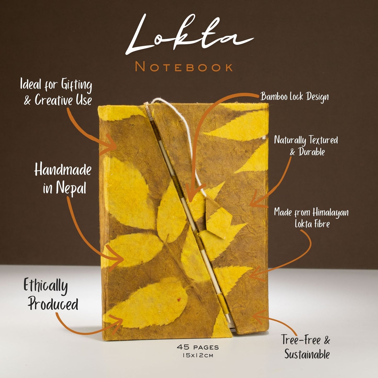 Lokta Bold Floral Bamboo Lock Notebook – Medium – Mustard Brown