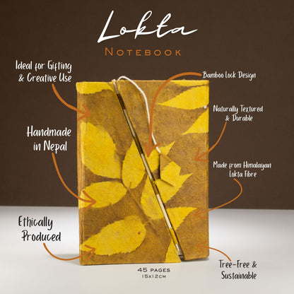 Lokta Bold Floral Bamboo Lock Notebook – Medium – Mustard Brown
