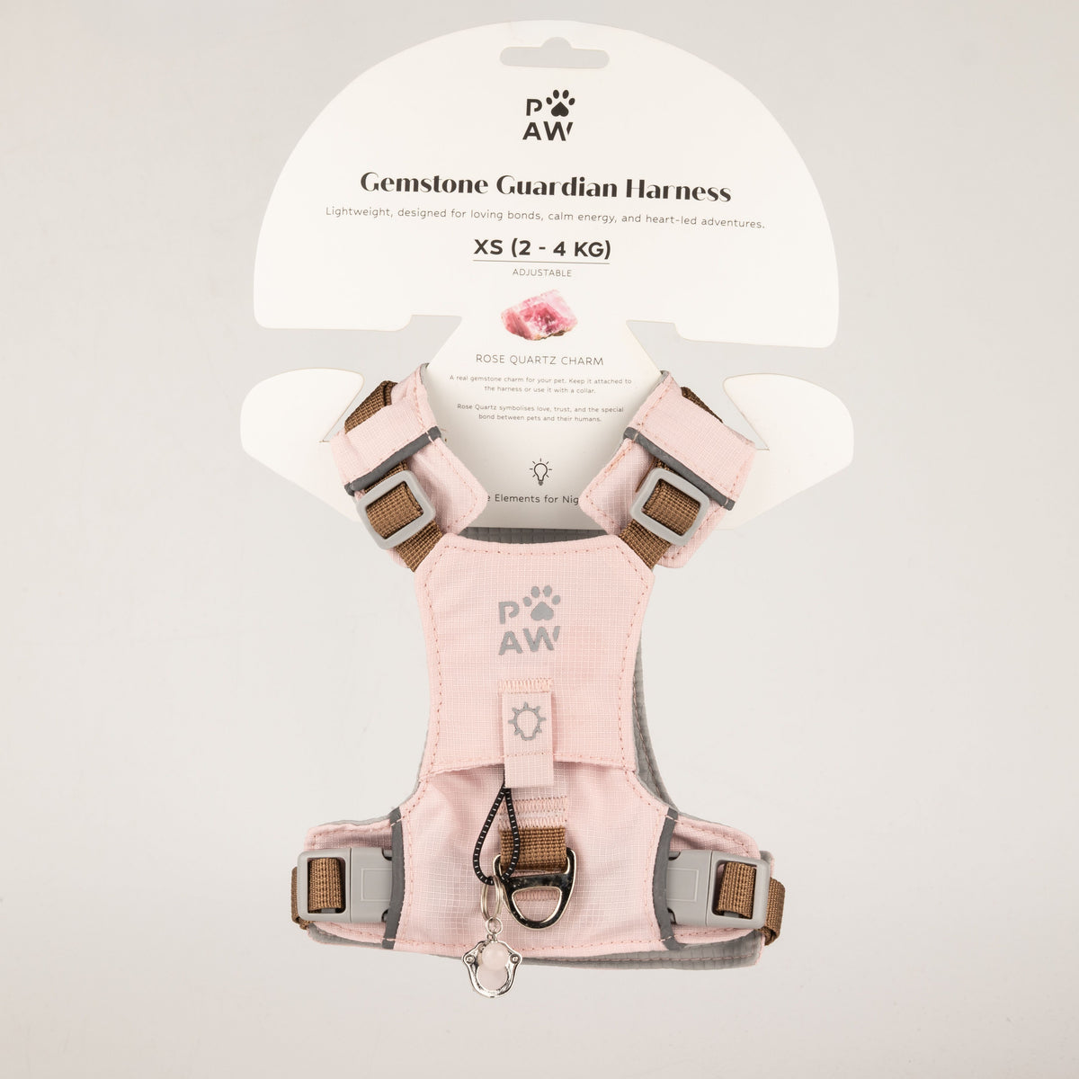PAW - XS (2-4Kg) Dog Step-in Guardian Harness with Reflective Mesh - Soft Pink - Rose Quartz Charm