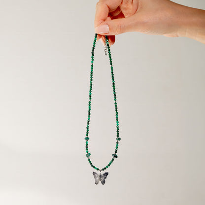 Nymph Malachite Gemstone Necklace with Real Leaf Butterfly Pendant