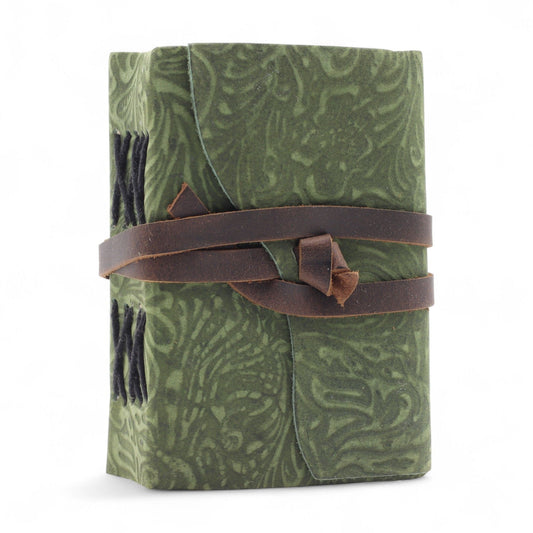 Fat Deckled Leather Notebook – Green Maze Pattern – 13×9cm