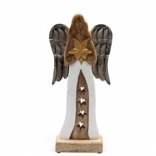 Large Mango Wood Star Angel Metal Wings & Enamel Detail (30cm)