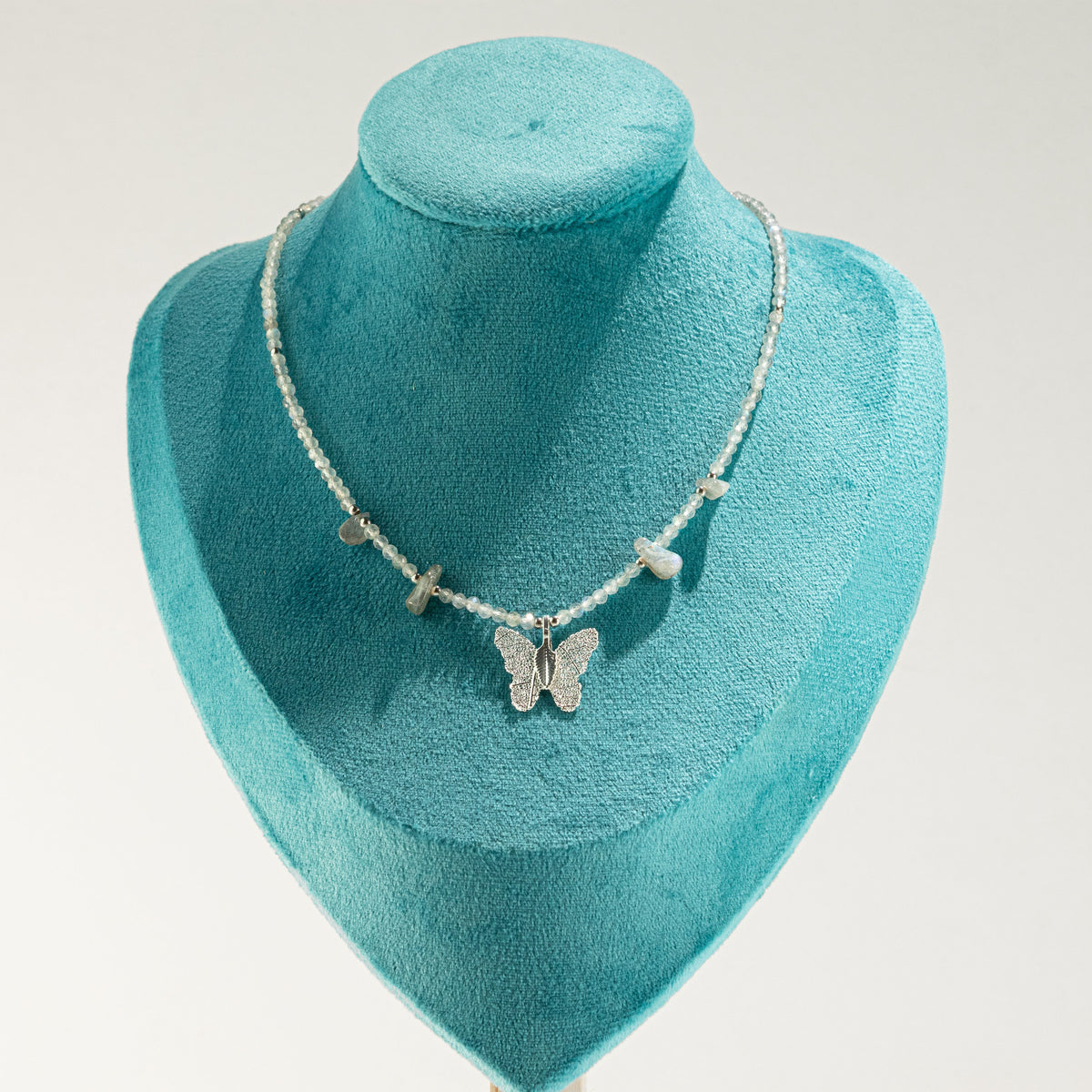 Nymph Labradorite Gemstone Necklace with Real Leaf Butterfly Pendant