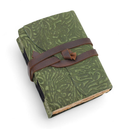 Fat Deckled Leather Notebook – Green Maze Pattern – 13×9cm