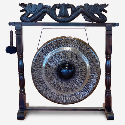Large Gong in Brown Antique Stand - 80cm - Black Pattern