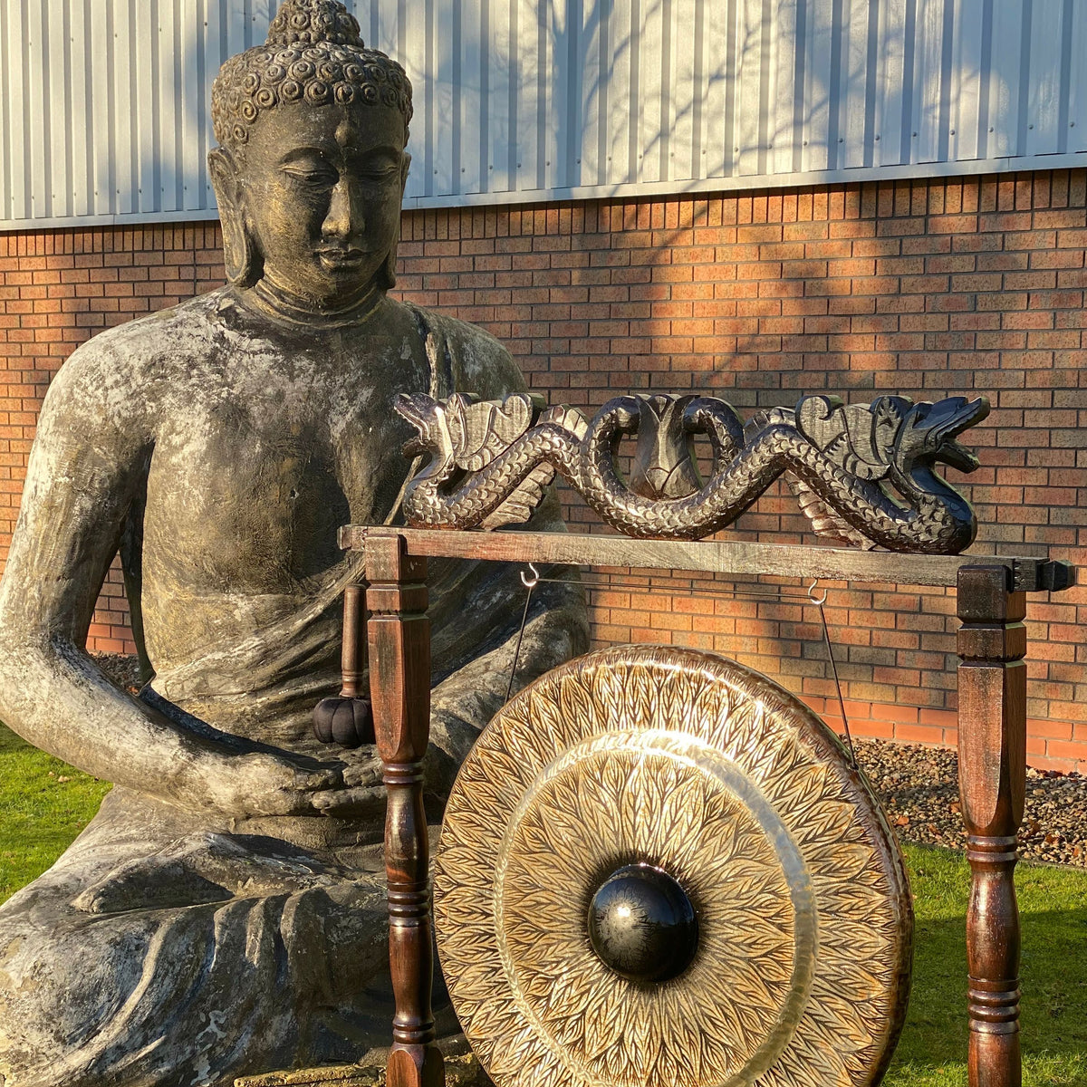 Large Gong in Brown Antique Stand - 80cm - Black Pattern