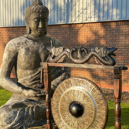 Large Gong in Brown Antique Stand - 80cm - Black Pattern