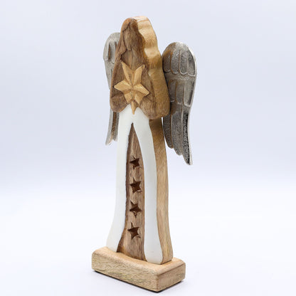 Large Mango Wood Star Angel Metal Wings & Enamel Detail (30cm)