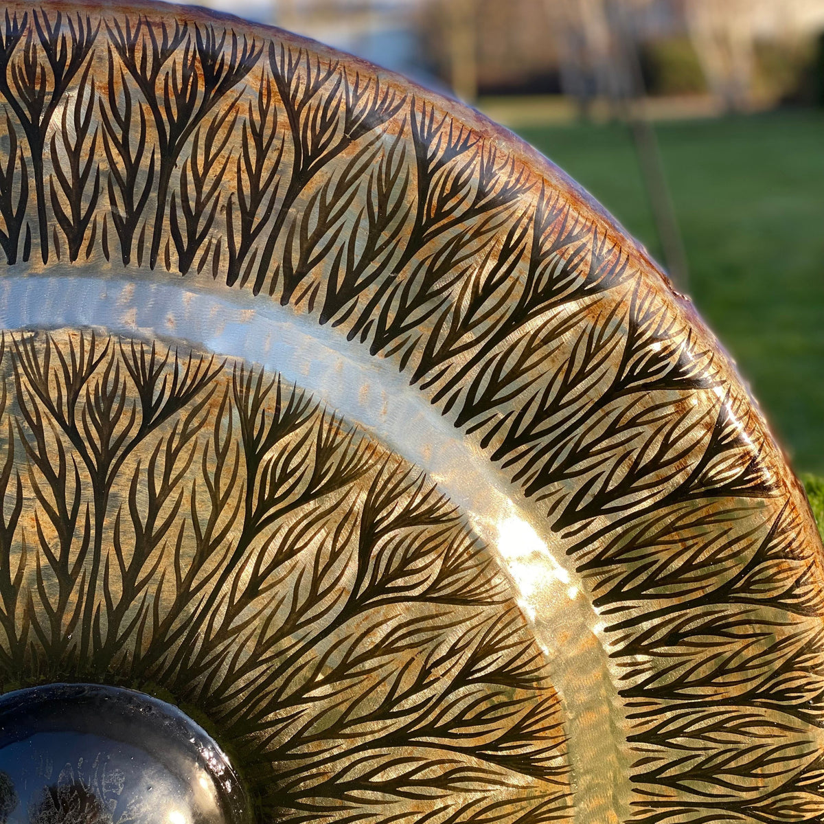 Large Gong in Brown Antique Stand - 80cm - Black Pattern