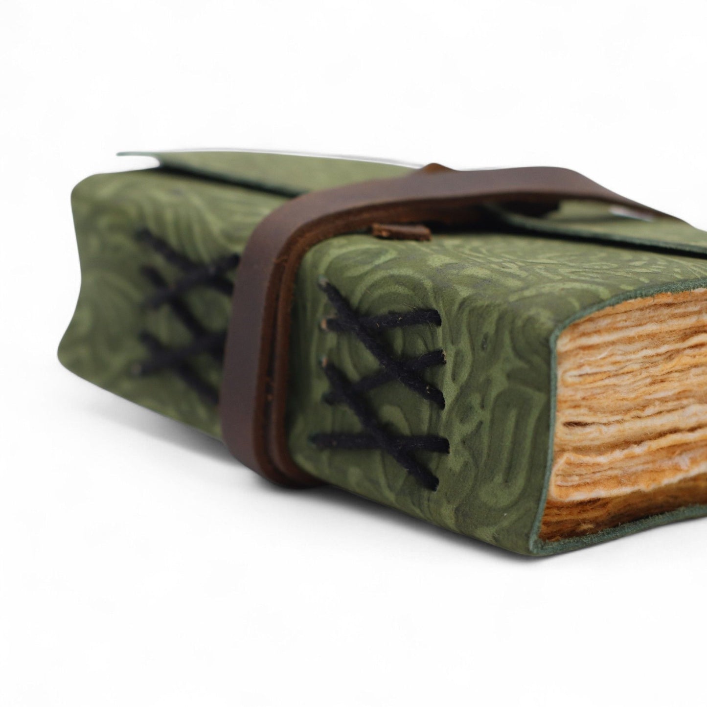 Fat Deckled Leather Notebook – Green Maze Pattern – 13×9cm