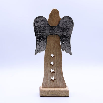 Large Mango Wood Star Angel Metal Wings & Enamel Detail (30cm)