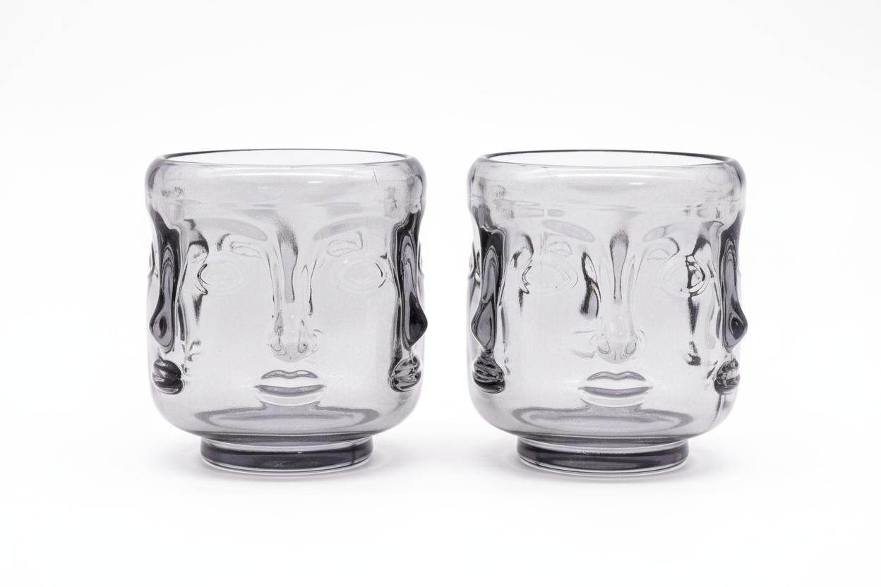 Pair of Buddha Faces Candle Holders - Midnight Grey
